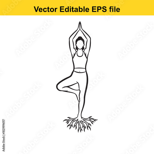 Line art vector illustration of a woman practicing yoga tree pose or vrksasana with roots growing from her feet, isolated on white background