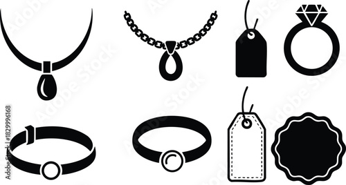 Minimalist vector art of black jewelry and price tag icons with necklace bracelet and diamond ring symbols arranged in two rows on white background