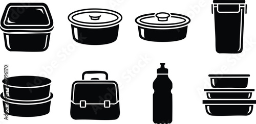 Flat black silhouette vector art of assorted lunch containers and water bottle arranged in two rows of eight minimalist food storage icons
