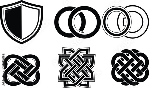 Monochrome vector art security shield badge beside interlocking ring emblems and decorative celtic knot symbols in bold black and white geometric style