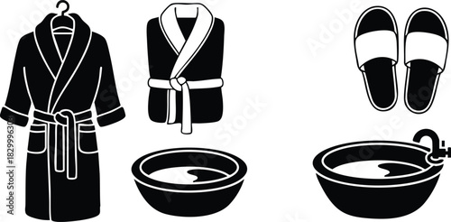 Minimal spa vector art with black bathrobe on hanger matching robe slippers and two round basins with water and faucet in simple silhouette style
