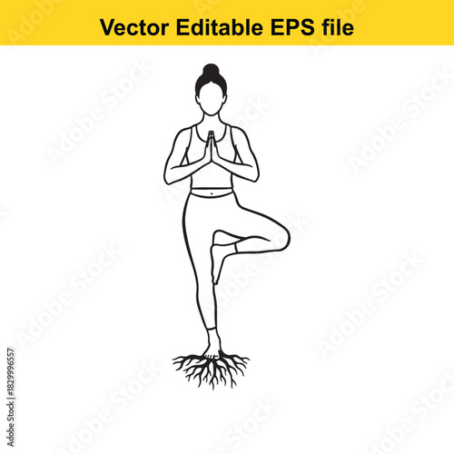 Line art vector illustration of a woman practicing yoga tree pose vrksasana with roots growing from her standing foot, isolated on white background