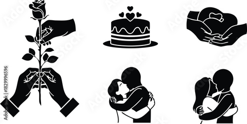 Romantic vector art icons with couple hugging kissing rose gift cake with hearts and hands holding heart shapes for valentine day celebration in simple silhouette style