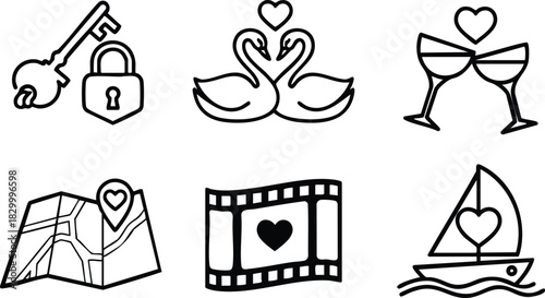 Minimal line art vector icons of romantic key and lock swans wine glasses map film strip and sailboat with heart symbols for valentine design projects