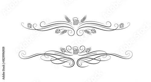 Beer-themed text dividers featuring floral designs and brewing motifs in an elegant style
