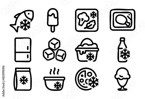 Frozen Food line icons — various preserved food products with snowflake symbols for freezer storage — stock vector.