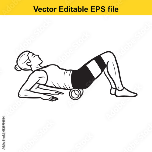 Line art illustration of a woman performing a glute stretch using a foam roller for muscle recovery and physical therapy, isolated on white background