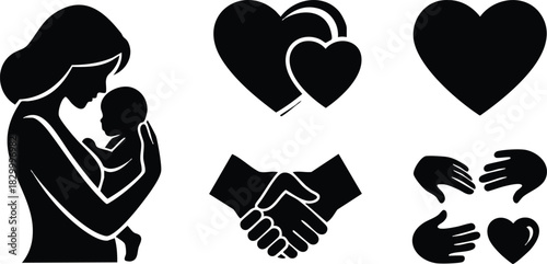 Flat design black silhouette icons of mother holding baby hearts handshake and caring hands arranged in horizontal row for mothers day love family support themes