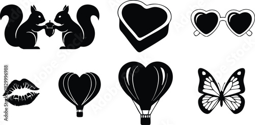 Flat design black love icons with kissing squirrels heart hot air balloons butterfly lips heart sunglasses and tilted heart box in simple romantic silhouette style