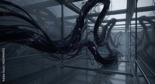 Abstract Dark Cables in Glass Enclosure - A Technological Enigma.