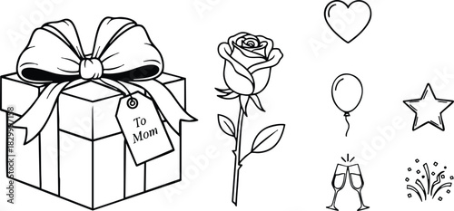 Line art vector gift box with bow and to mom tag plus single rose and party icons for mothers day celebration coloring page style