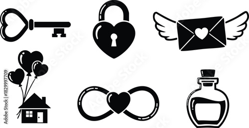 Flat black silhouette vector art of heart key lock flying love letter house with balloons infinity symbol and potion bottle for valentine romance design