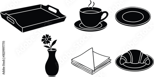 Flat breakfast tray vector art with black silhouette icons of steaming coffee cup plate croissant flower vase and folded napkins on white background minimal style