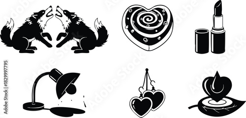 Monochrome vector art icons with mirrored howling wolves heart candy lipstick desk lamp dangling heart earrings and heart flame on leaf in bold silhouette style romantic mood