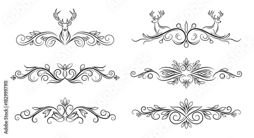 Elegant decorative dividers featuring deer and intricate floral designs on a white background