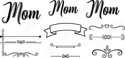 Elegant mom word art set with three black script fonts and decorative flourishes including banner dividers heart accent and swirls for mothers day greeting design