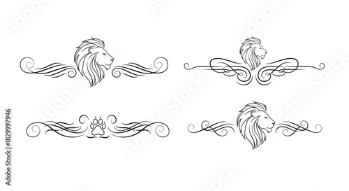 Elegant lion text dividers featuring lion heads and decorative swirls in a refined style