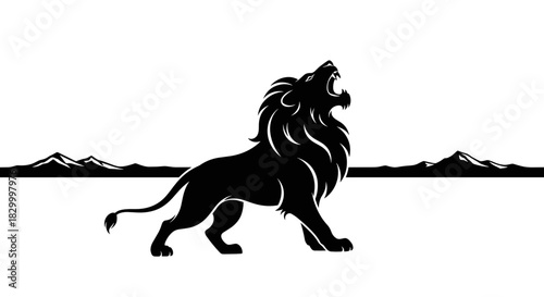 Powerful roaring lion silhouette walking against a mountain landscape in bold black design