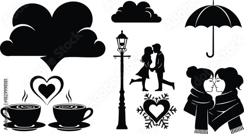 Romantic vector art silhouettes of couples kissing with umbrella street lamp heart cloud coffee cups and winter scarf elements for valentine day love themes