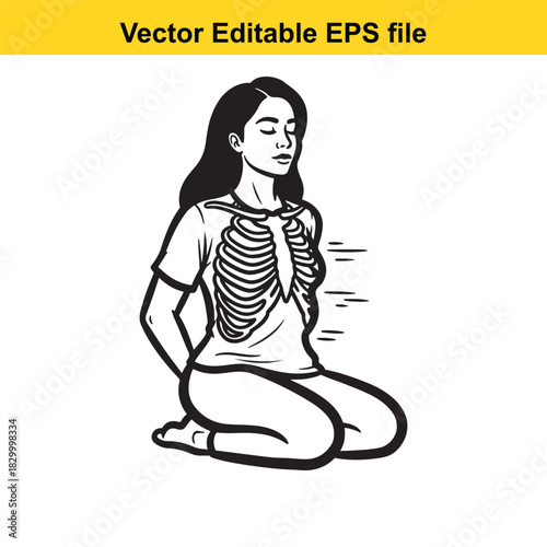 Black and white line art vector illustration of a woman meditating with visible rib cage and skeleton structure showing internal anatomy for health concept