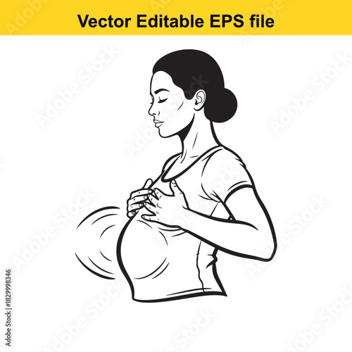 Black and white line art illustration of a pregnant woman gently touching her large belly, isolated on white background