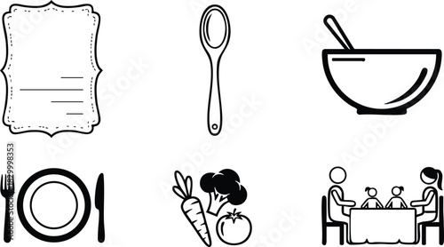 Minimal line vector art of family dinner icons with recipe frame wooden spoon mixing bowl plate vegetables and seated parents with children at table