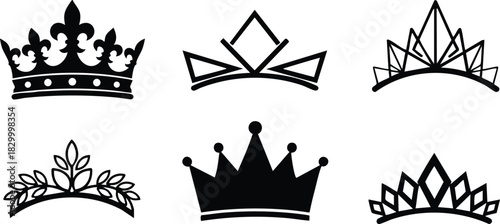 Flat design set of six black tiara and crown silhouettes with floral royal and geometric shapes arranged in two rows on white background minimal elegant style