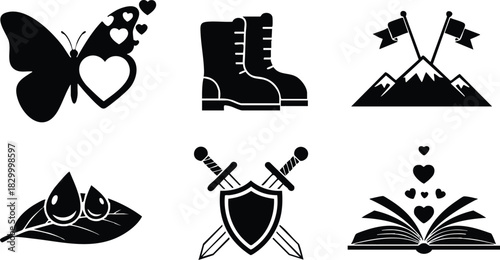 Black silhouette vector art set with butterfly and heart boots mountains leaf with drops crossed swords shield and open book with floating hearts