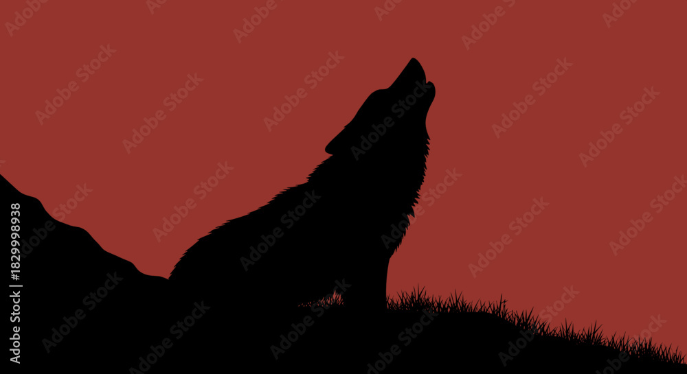 Naklejka premium Silhouette of a howling wolf against a red background in a dramatic and powerful style