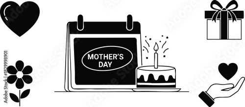 Flat design mothers day calendar page with birthday cake candle flower heart icons gift box and helping hand in simple black silhouette style on white background