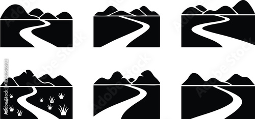 Minimalist vector art set of six black mountain landscapes with winding river silhouettes and variation of foreground grass elements in simple landscape orientation icons