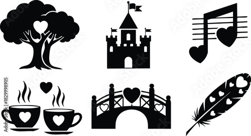Romantic black silhouette vector set with heart tree castle bridge coffee cups feather and musical note icons for valentines day love celebration
