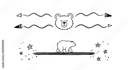 Cartoon bear head and walking polar bear with decorative stars and lines in playful design, text dividers