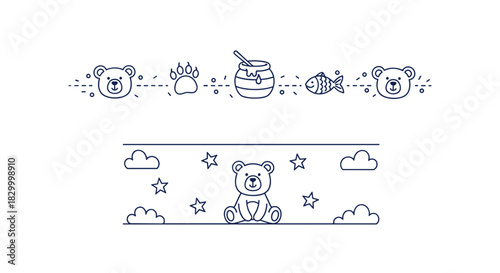 Cute text dividers featuring bears, paws, honey pots, fish, stars, and clouds in a playful style