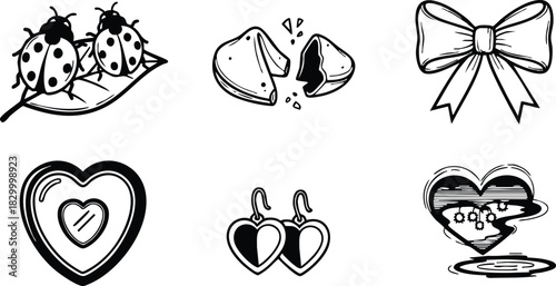 Black and white vector art set with two ladybugs on leaf broken fortune cookie bow and three unique heart love icons for valentines day romance