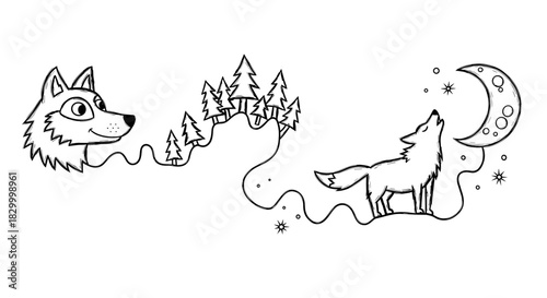 Whimsical illustration of wolves and forest scene with moon and stars in playful style