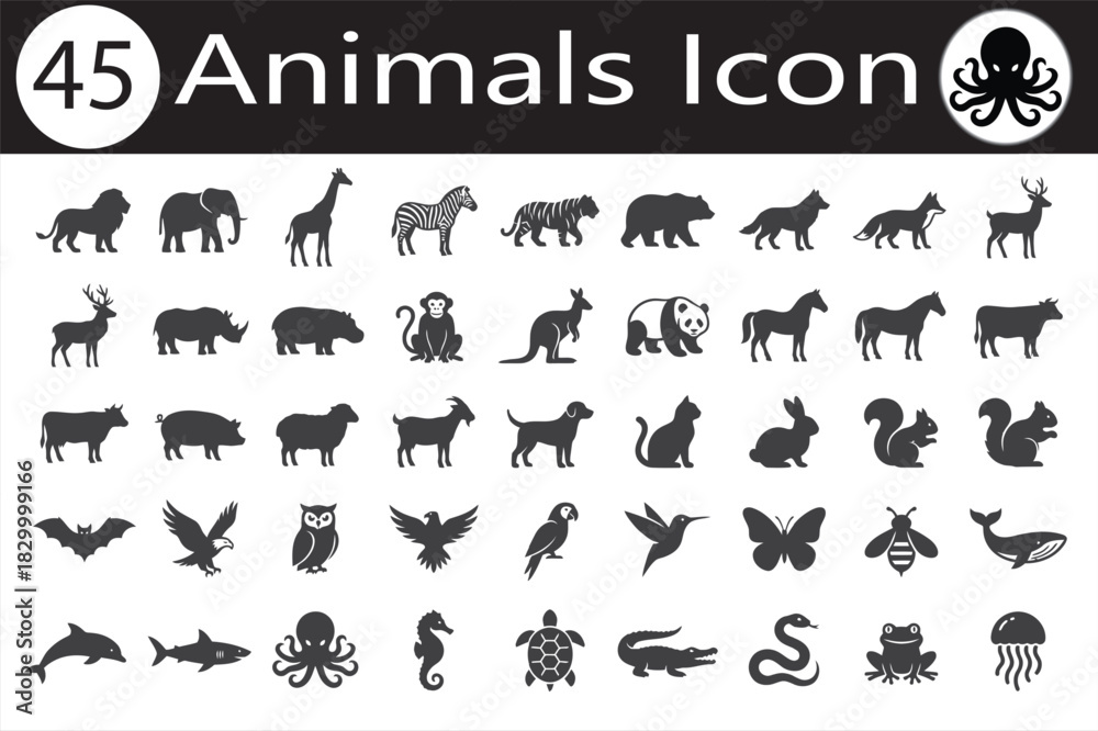 Obraz premium Collection of animal silhouettes in black and white isolated on white background ideal for graphic design projects