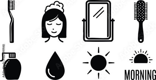 Minimal flat vector art of morning routine icons with toothbrush girl face mirror hairbrush soap drop sun sunrise and bold morning text in black silhouettes