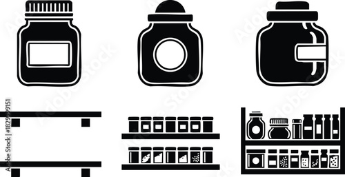 Minimalist black vector art of kitchen jars and full pantry shelf icons with front view containers and empty shelves in simple monochrome silhouette style for storage design