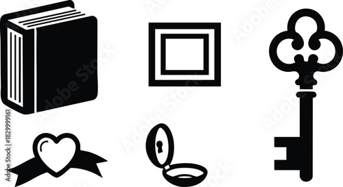 Flat icon set of black book picture frame vintage key heart ribbon and open locket arranged in two rows on white background minimal silhouette style