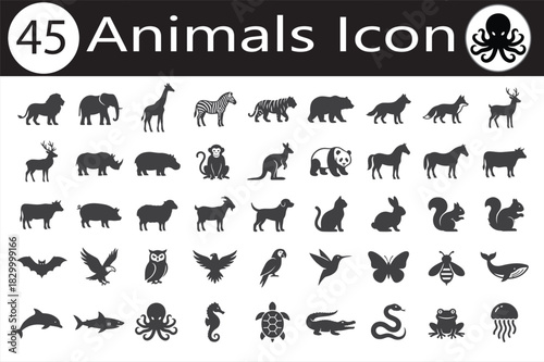 Collection of animal silhouettes in black and white isolated on white background ideal for graphic design projects