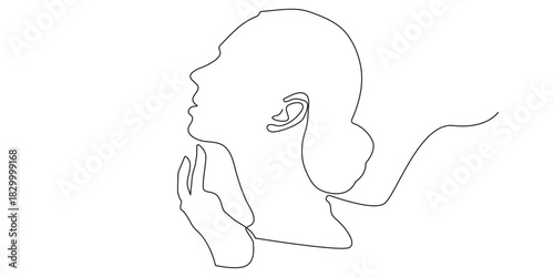 One line female face illustration, minimal continuous line art drawing