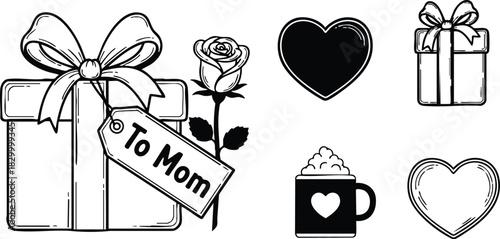 Black and white vector art of mothers day gift box with to mom tag rose heart icons and cocoa mug for celebration coloring pages