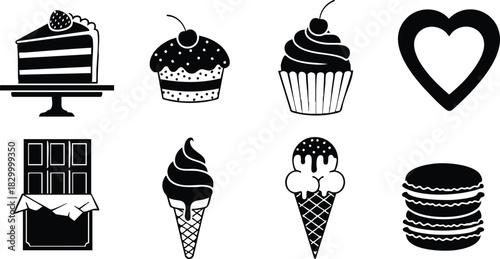 Flat design dessert icon set with cake slice cupcakes chocolate bar ice cream cones macaron and heart symbol in simple black silhouette style