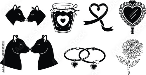 Romantic vector art of kissing fox and cat couples with heart jam jar ribbon mirror bracelets and chrysanthemum flower in black silhouette style for valentines day