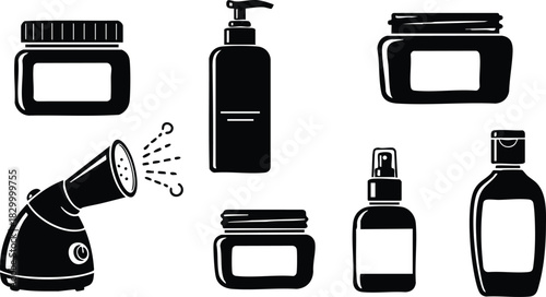 Monochrome flat design set of cosmetic bottles jars and facial steamer device arranged in two rows on white background skin care beauty equipment collection