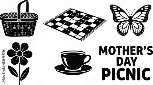 Flat black vector art of mothers day picnic icons with basket blanket butterfly flower and coffee cup arranged around bold holiday text on white background