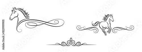 Elegant decorative frame design with horse motifs in monochrome style for decoration