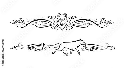 Elegant wolf head and running silhouette dividers with floral patterns in black and white, text dividers