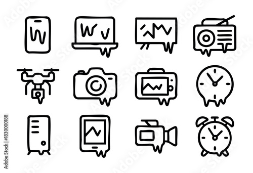 Frozen Electronics doodle icons — various gadgets and devices covered in ice and icicles from extreme cold — stock vector.